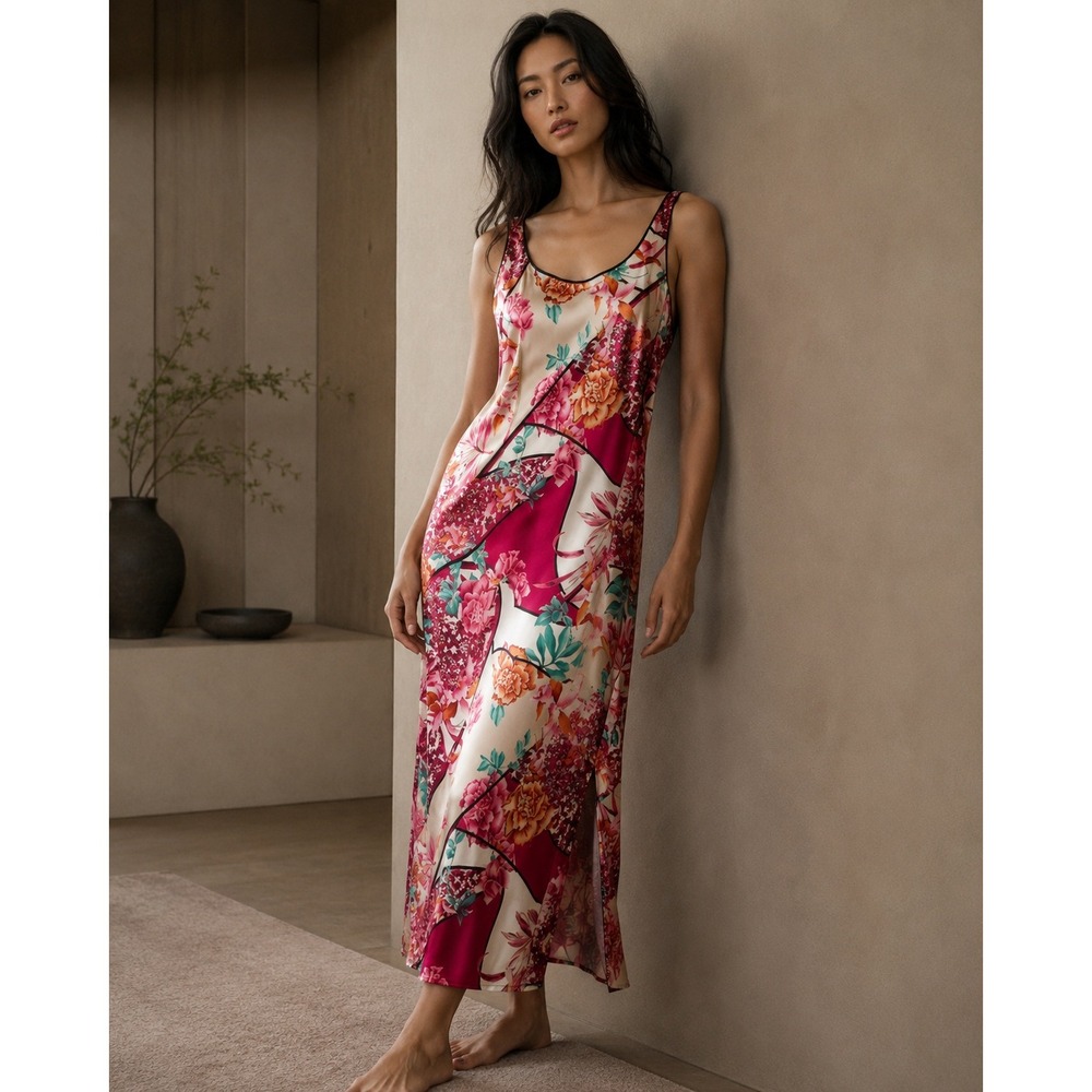 Natori Bright Colorful Pink Floral Slip Dress Size Large‎ Kimono Inspired Resort